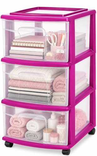 HOMZ Drawer Tower, 3-Tier Storage Cart with Removable Wheels, Purple Frame | Clear Plastic Rolling Drawers for Desk, Dresser, Cabinet, Bedroom, Bathroom, Classroom & Office