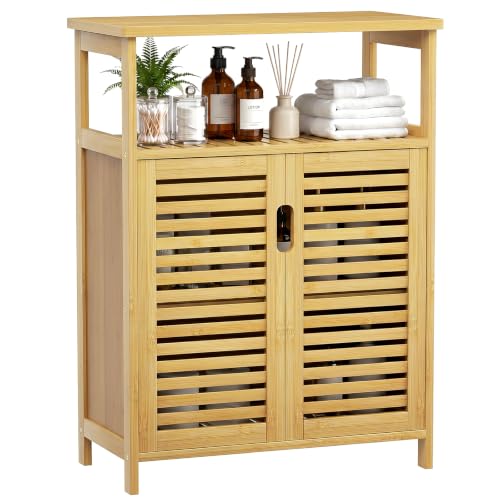 Bambition Bamboo Storage Cabinet Bathroom Floor Cabinet with Doors and Open Shelf Freestanding Cabinet for Living Room Kitchen Entryway and Hallway