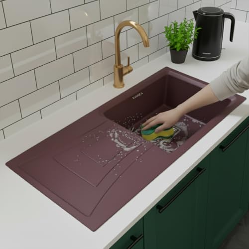 Image of EVANEX Quartz Sink for Kitchen|36x18x9 inch Kitchen Sink with Drain Board|Granite Sink for Kitchen Basin /Brown Quartz Kitchen Sink with Connector, Waste Pipe, Coupling and Drain Basket