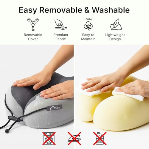 Image of pTron Ergova S4 Travel Neck Pillow, Hi-Per Memory Foam, Lightweight Neck Support Pillow, Ideal for Flight, Car & Travel Comfort, Carry Zip Pouch (Grey)