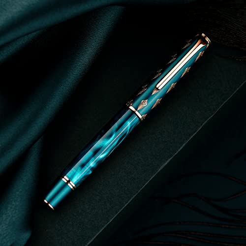 Hongdian N7 Blue Peacock Resin Piston Fountain Pen, Iridium Long Blade Fine Nib Classic Pen, Smooth Writing Pen With Metal Box #TOP2