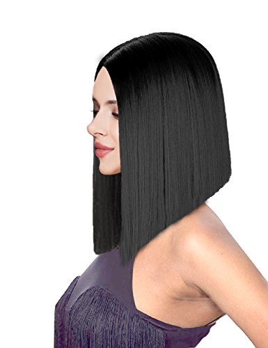 Kalyss 14” Short Straight Black Yaki Synthetic Bob Wig Heat Resistant Premium Synthetic Hair Replacement Middle Parting Full Head Wig For Women #TOP24