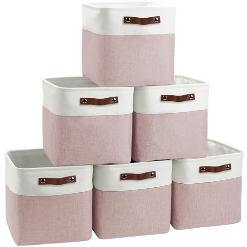 Image of FinishingBo Cube Storage Baskets 6 Pack, 11x11 inch Cube Storage Bins with Leather Handles for Shelf Closet (White/ Pink)