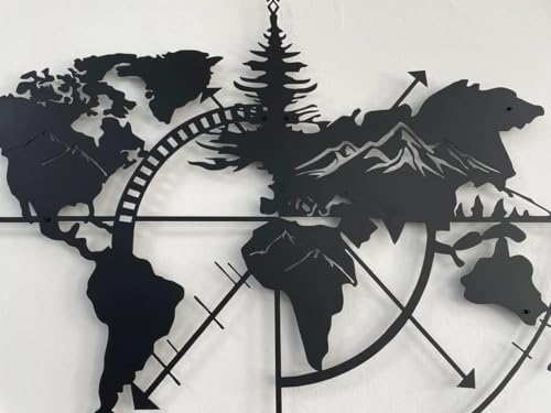 Image of World Map Wall Art World Map Mountains 3D for Home Decor | Wall Sculpture Home Decoration | Metal Art | Metal Wall Art | Home Wall Hangings Metal Decor (Black (58 x 50 cm)