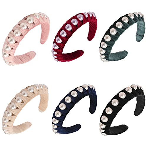 6 Pack Wide Headbands Plain Turban Headband with Faux Pearl Elastic Hair Hoops for Women Velvet Head Wrap No Slip Fashion Hair Accessories for Thanksgiving Day Birthday Party Gifts