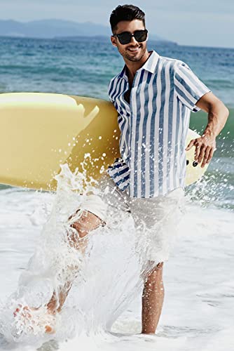 JMIERR Men's Casual Stylish Short Sleeve Button-Up Striped Dress Shirt Cotton Beach Shirts