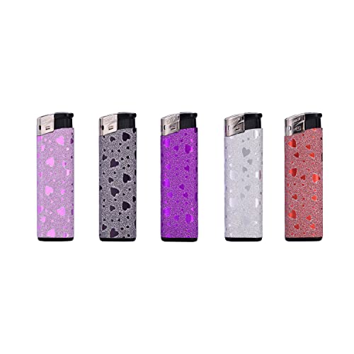 Maelsa® Lot de 5 briquets pailletés Motifs cœur Shiny Heart Strass allumage Flamme - Dimensions : 8 cm - Coloris pailleté Brillant - Vendu par Lot de 5