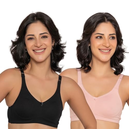 Image of INKURV Seamless Non-Padded Bra for Women | Non-Wired Cotton Full Coverage T-Shirt Bra | Thin Adjustable Straps | Double Layered Cups | Anti Sag Lift Up Support | Luna Combo of 2