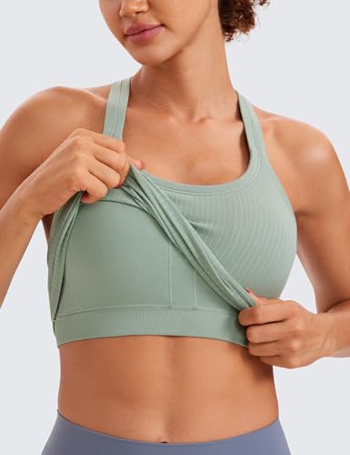 Image of CRZ YOGA Seamless Rib Racerback Tank Tops | Light Support, Built in Bra, Removable Pads, Yoga, Ribbed, High Neck, for Women
