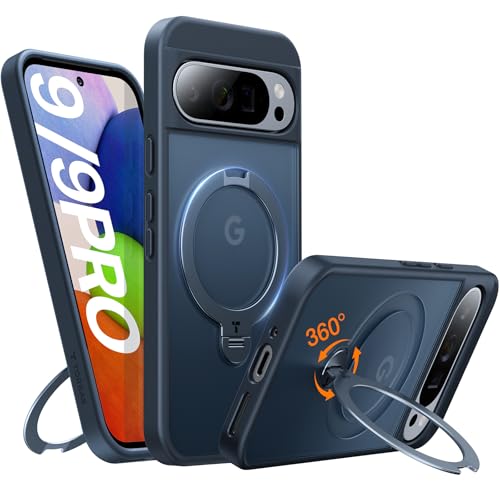 TORRAS 360°Spin Magnetic Stand for Google Pixel 9 Pro Case/Pixel 9 Case, 12FT Military Protection, Compatible with Magsafe, Shockproof Translucent Slim Pixel 9 Pro Phone Case with Ring Holder, Black