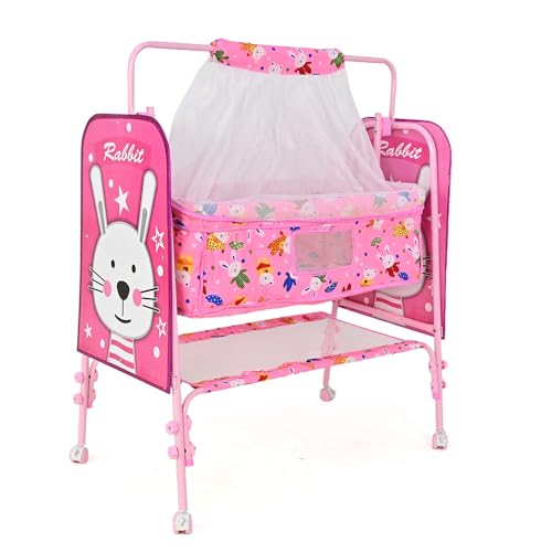 Image of Bubblebaby Premium Sturdy & Safe Baby Cradle Jhula /Palna /Bed /Ghodiyu /Baggi /Baby Bedding With Mosquito Net All Four 360 Rotating Wheels & Lock Storage Mattress For 0-13 Months Boys Girls (Pink) 1count
