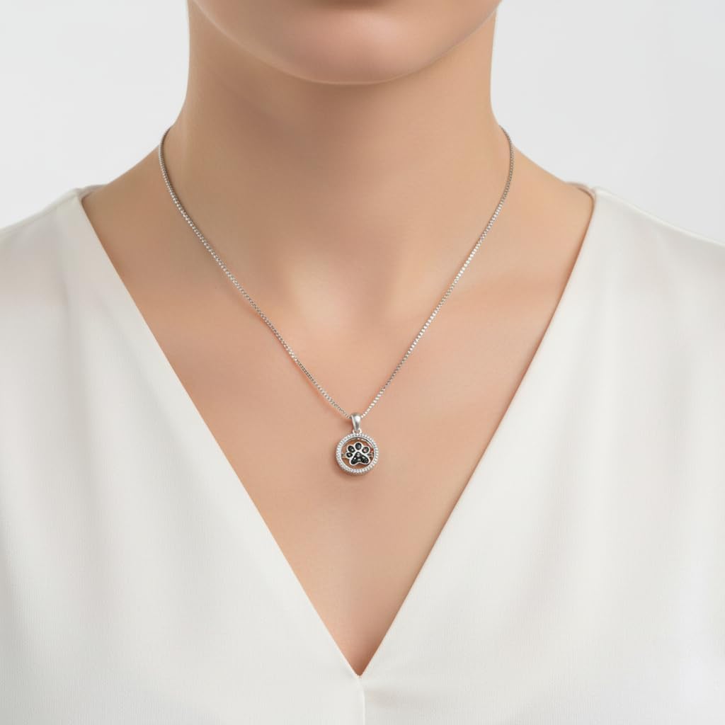 Jewelili Sterling Silver Dancing Dog Paw Pendant Necklace for Women | Treated Black or Blue & Natural White Round Diamonds | 18" Box Chain | Luxury Jewelry Gift for Her | Gift Box Included