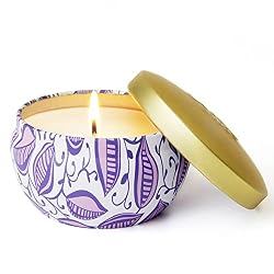 product image of a lavender candle with a lit candle wick