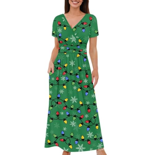 Image of Women's Fall Summer Short Sleeve Ankle Length V-Neck Party Dress with Pockets Size S-3XL