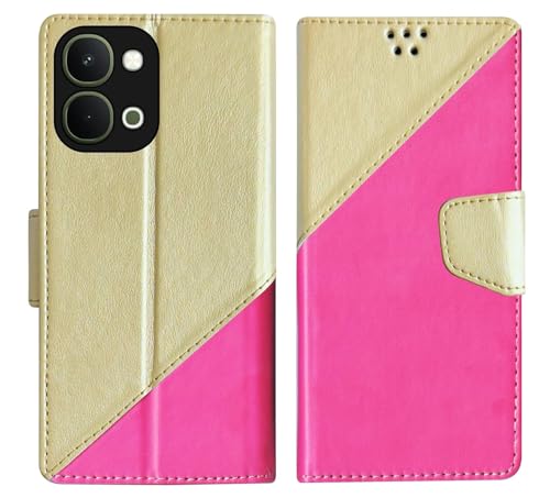 Image of Cover for Vivo T5x 5G / Y51 Pro 5G / iQOO Z11x 5G, Wallet Style, Leather Finish, Magnetic Closure, Inbuilt Stand, Card Pocket (Golden&Pink)