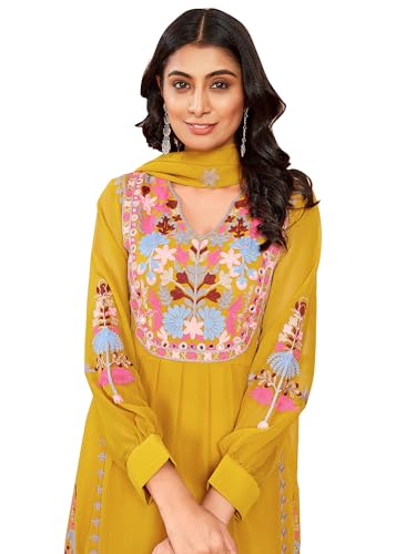 Image of Fabzoo Women's Georgette Embroidery Work & Original Mirror Anarkali Kurta Palazzo & Dupatta Set | Kurta & Palazzo Full Stitch And Full Inner | Palazzo Full Elastic (YELLOW -XL)