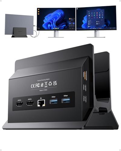 Image of USB C Docking Station Dual Monitor 4K@60Hz, 11-in-1 Vertical Laptop Stand Dock, 100W PD, 10Gbps Data, Gigabit Ethernet, Compatible with Dell Lenovo HP Windows Laptops, Black