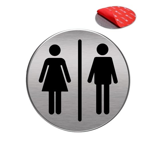 Cartello adesivo | finitura AAA+ | alluminio laccato | finitura spazzolata | super adesivo | diametro Ø 100 mm - spessore 0,8 mm (segnale bagno Unisex)