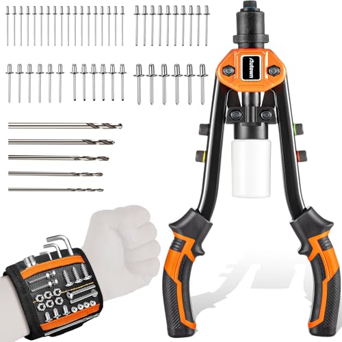 AUTOWN Professional Rivet Gun Kit with 5 Drill Bits & Magnetic Wristband - Heavy Duty Two-Handed Riveter for Metal, Gutter, Automotive - Includes 210 Assorted Rivets