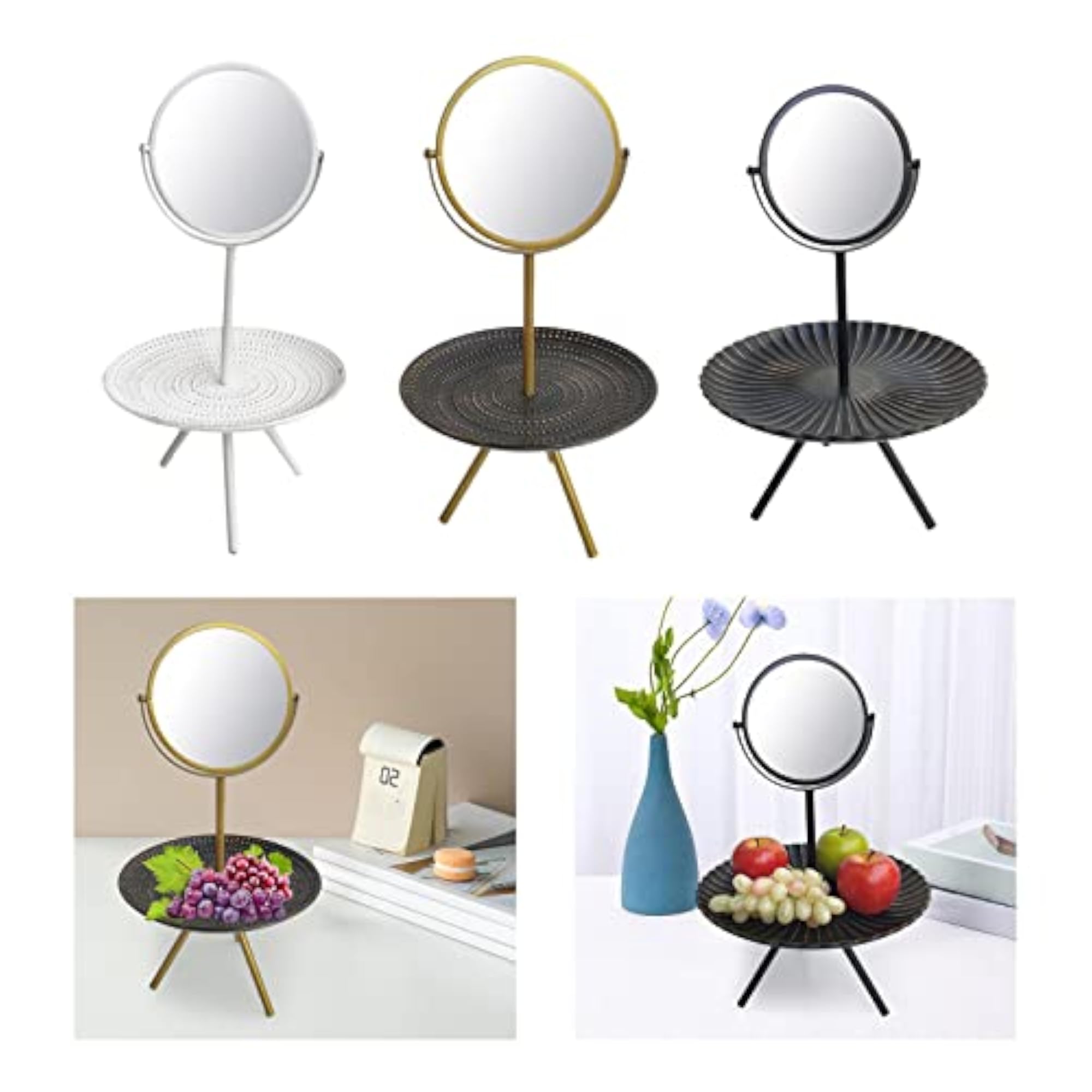 Tabletop Vanity Mirror with Wood Storage Tray, White