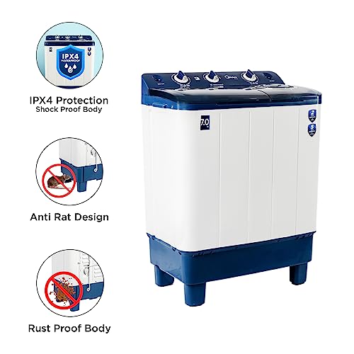 Image of Midea 7 KG Semi Automatic Top Loading Washing Machine Appliance, Rust proof Body, Air Dry Function with 1350 RPM (MWMSA070PCH, Blue White)