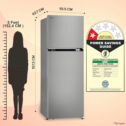 Image of LG 251 L, 1 Star, Frost-Free Smart Inverter Double Door Refrigerator with Smart Mode (GLT2516WWPZ, Shiny Steel, Multi Air Flow Cooling with Max Fresh Zone, 2026 Model)