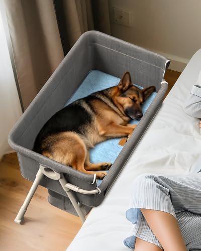 Bedside Dog Bed for Medium & Large Dogs 4-Height Adjustable Pet Bassinet Elevated Side-Sleeper Extension for High Human Bed Washable Large Dog Couch with Auto-Braking Wheels(for Dogs Up to 77 lbs)
