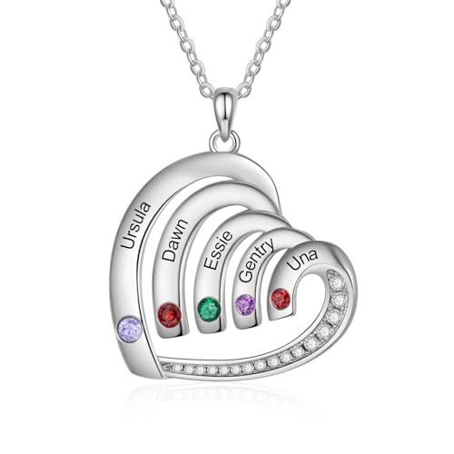 Collana Personalizzata Cuore da Donna Collana in Argento con Nome Pietra di nascita Regalo per la Mamma Festa della mamma Natale San Valentino (5 NAME)