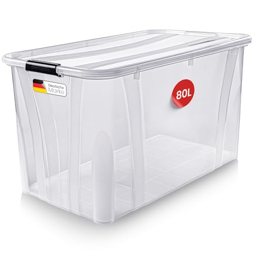 KONZEPT Aufbewahrungsbox 80 L mit Deckel – transparente Kunststoffbox, stapelbar, BPA-frei, verstärkter Boden, robuste Verschlussclips – ideal für...