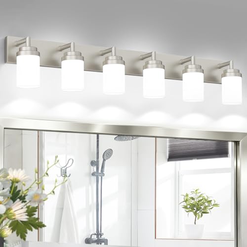 Image of Bathroom Light Fixtures, Brushed Nickel Bathroom Lighting Fixtures Over Mirror, Modern Vanity Light with White Glass Shade, Restroom Lighting Fixtures, 6-Light 46-inch