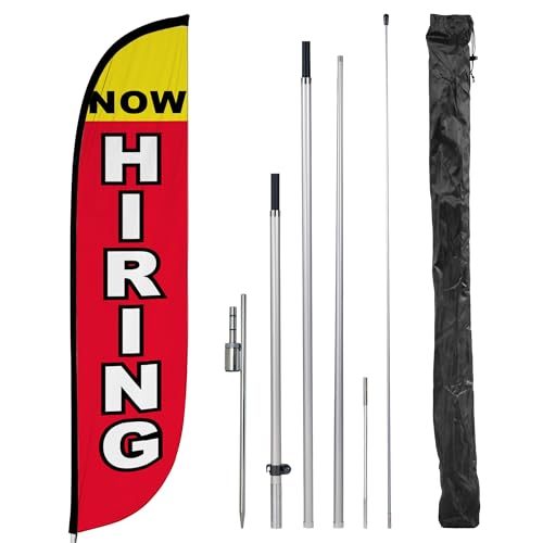 LookOurWay Feather Flag Set 12 ft Advertising Flag with Poles and Ground Spike for Business Promotion Now Hiring (10M1200298GSet)