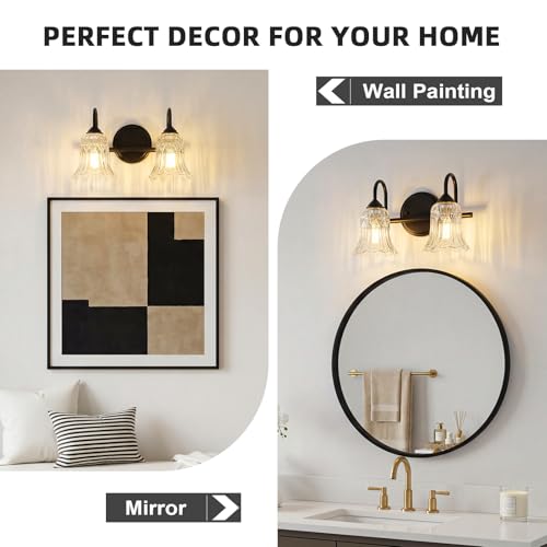 Image of Vintage Farmhouse Vanity Wall Sconce Lighting, 2-Light Matte Black Bathroom Vanity Light Over Mirror with Flower Glass Shade, 14.6 inch Retro Wall Lamp for Hallway Bedroom Living Room