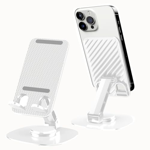 VELIGOOD 2PCS Cell Phone Stand, [Fully Foldable] Stable Metal Base 360° Rotation Height and Angel Adjustable Desktop Phone Stand for Smartphones E-reader Tablets All 4-13
