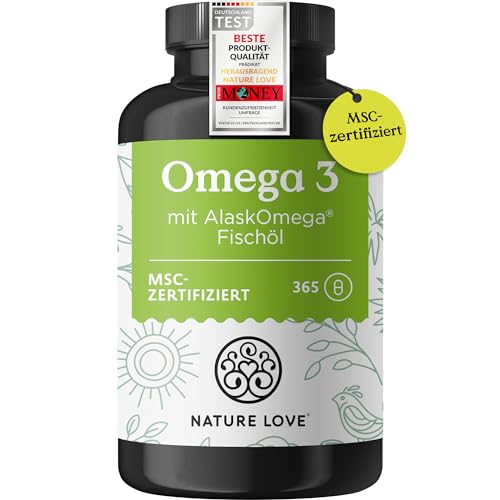 Nature Love Omega 3 - hochdosiert mit 650mg Omega 3 Fettsäuren pro Tagesdosis - 365 kleine Kapseln mit Spitzenrohstoff AlaskOmega® (MSC-zertifiziert) - ohne Zusätze in Deutschland produziert 1