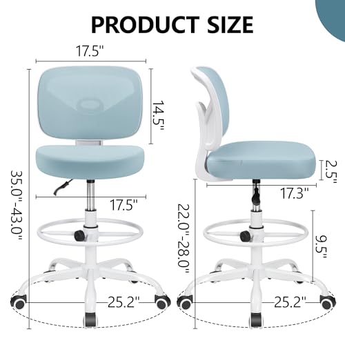 Image of Primy Tall Drafting Desk Chair - Armless, Adjustable Height, Mesh Back, Rolling, Standing Desk Chair for Art Room, Office or Home (Light Blue)