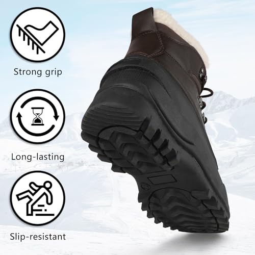 riemot Men's Winter Snow Boots Waterproof Outdoor Boots Anti-slip Comfortable Boots Warm Fur Collar Shoes for Hiking Walking Camping Lace-up Shoes Brown US 9/ EU424