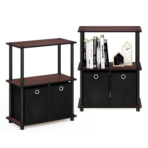 Image of Furinno TURN-N-TUBE Storage Shelves Set of 2, 3-Tier Toolless Book Shelf with Storage Bins, Display Shelf, for Organization and Storage, Living Room, Garage, Home Office, Dark Cherry