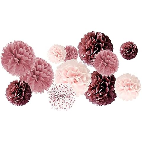 AIM & GGKK Rose Tissue Paper Pompoms Rose Dot Hanging Paper Pompoms, Flower Ball Wedding Birthday Party Decoration (12 Pieces, 8 & 10 & 12 Inches) Cover