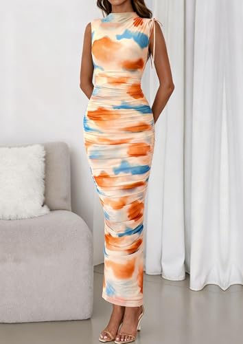 Image of PRETTYGARDEN Women's Summer Maxi Dresses Ruched Bodycon Split Long Dress