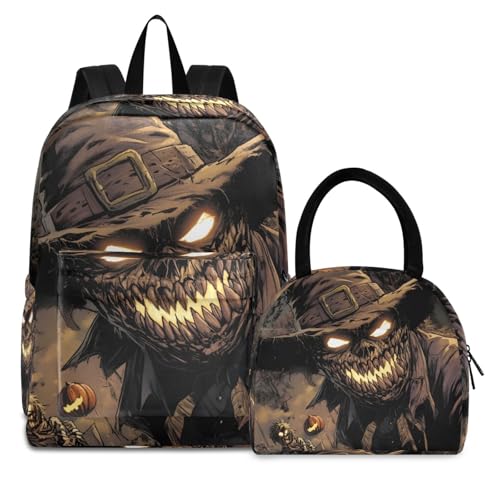 Backpack Lunch Bag Set Halloween Scarecrow Print, Big Storage Travel Backpacks with Insulated Lunch Box for Office Hiking Picnic