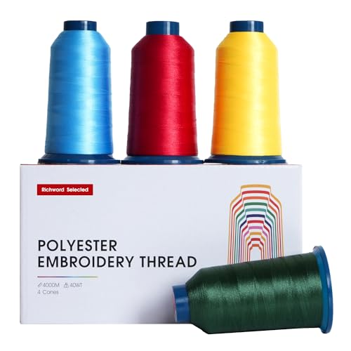 Image of Poolin Maca Embroidery Machine Thread Richword Selected 4 Rolls 4000M(4374Y) 40WT Polyester Thread for All Commercial Multi Needles and Single Needle Embroidery Machines
