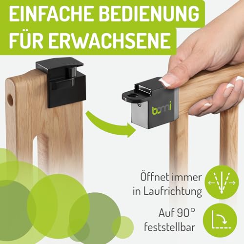 BOMI Türschutzgitter Miko PEFC geprüftes Buchenholz | Ohne Bohren | 90° Stop |Tuerschutzgitter XXL Durchgang | Treppengitter zum Klemmen für Baby | Breite: 71-79 cm