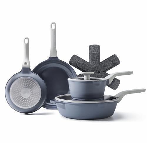 Image of PRICUSIS Nonstick Pots and Pans Set, 9 Pieces Non Toxic Ceramic Nonstick Cookware, Healthy Omelete/Egg Skillet, Healthy Frying Pan, PTFE PFOA & PFAS Free, Induction Compatible, Gray