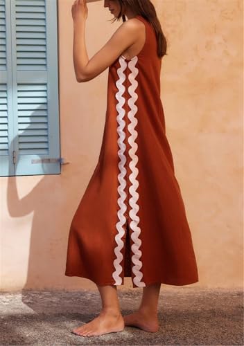 Women's Summer RIC Rac Sleeveless Maxi Dress Round Neck Side Split Scalloped Trim Beach Tank Dress4