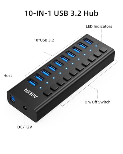 Image of AGEEN 10-Port USB 3.2 Gen 2 Hub, 10Gbps High-Speed Aluminum Powered Hub with 48W Adapter, Individual Switches & Surge Protection for PC /Laptop, Flash Drive, Printer, Camera
