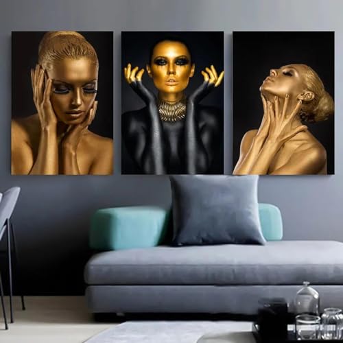 Peinture mur salon affiche femme africaine dore et noir