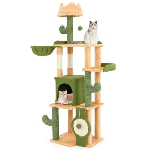 Tangkula Cactus Cat Tree, 63 Inch Multi-Level Tall Cat Tower with Sisal Scratching Posts & Board, Condo, Padded Perch, Hanging Toys, Basket Bed, Platforms, Green Cute Cat Tree for Indoor Cats