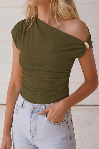 PRETTYGARDEN Womens Summer Off The Shoulder Crop Tops Army Green S - image 2