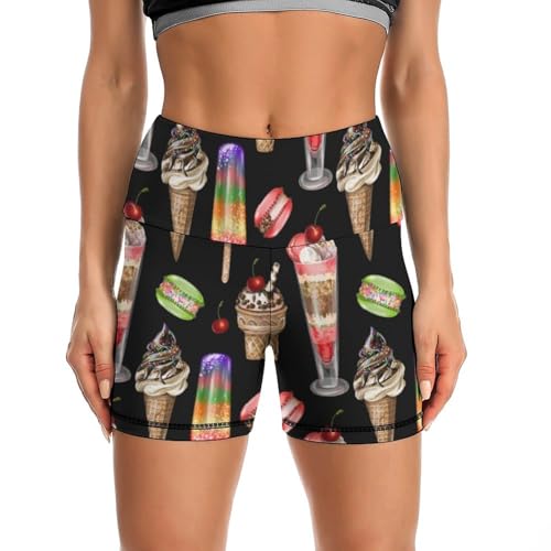 Ice Cream and Cherry Macaron Pattern High Waist Yoga Shorts for Women Athletic Shorts Leggings Running Pants