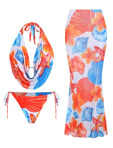 Image of ZAFUL Women's 3 Piece Floral Swimsuit Draped Neck Halter Bikini Tie Side Bathing Suit with Sheer Cover Up Skirt